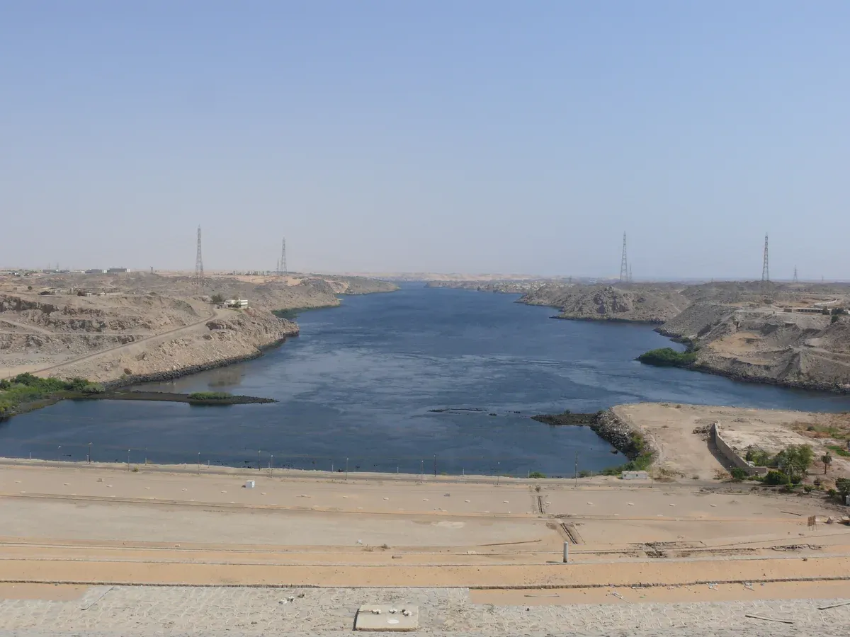 The Nile below the Aswan High Dam seen from the crest, near where a Nile cruise begins