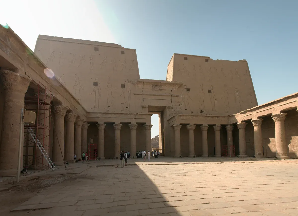 The pylon of the Temple of Horus at Edfu seen from the inner court, a stop on a Nile river cruise