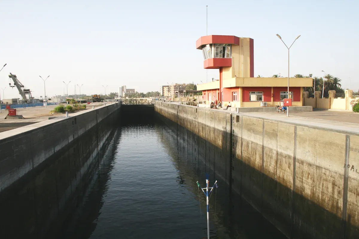 The Esna lock chamber on the Nile, where every Nile river cruise ship waits to pass between Luxor and Aswan