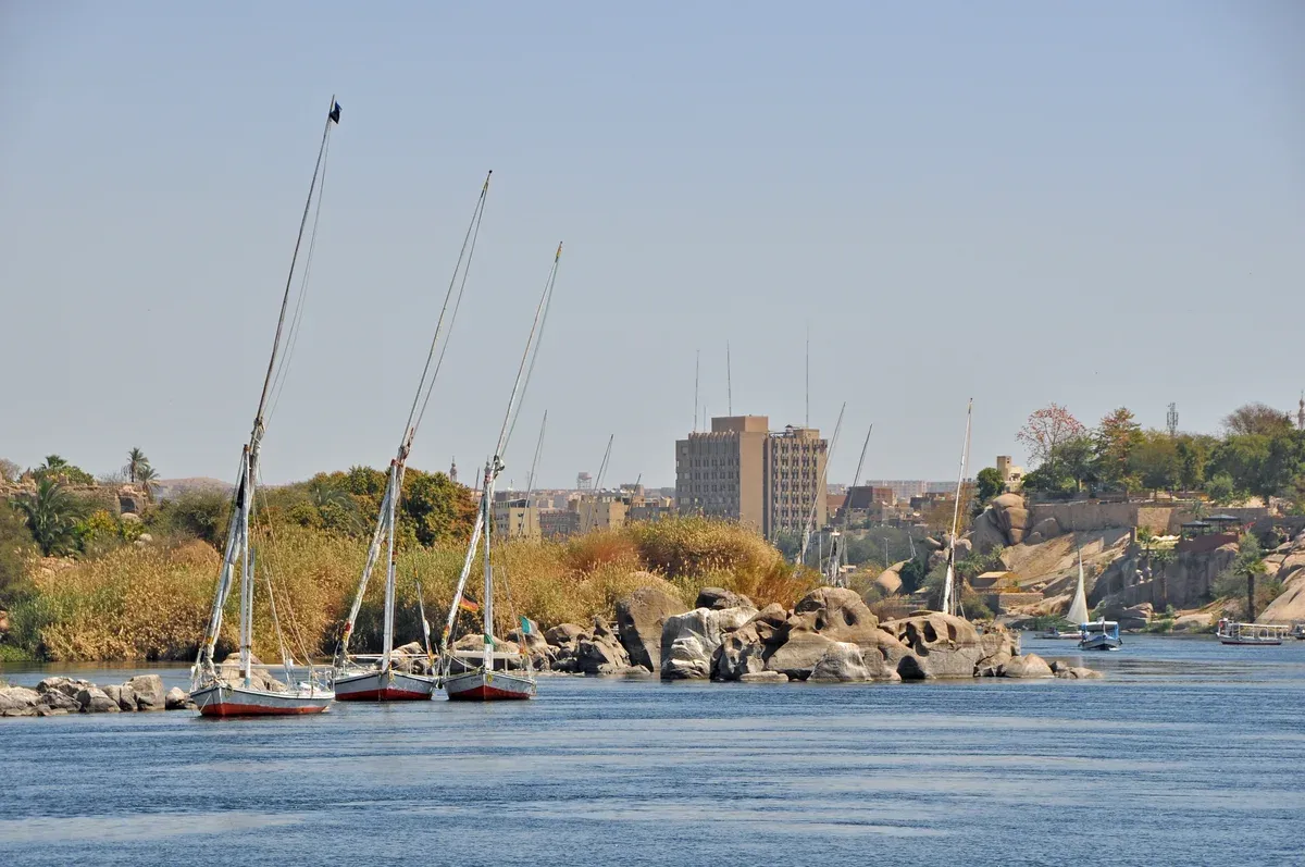 White-sailed feluccas on the Nile at Aswan, a classic Nile river cruise side trip