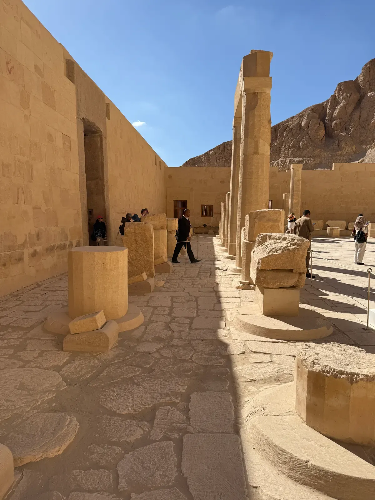 A sunny colonnade at the Temple of Hatshepsut at Deir el-Bahari, a West Bank stop on a Nile cruise from Luxor