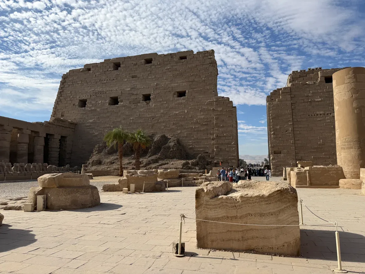 The first pylon and forecourt of Karnak Temple in Luxor, the highlight at the end of a Nile river cruise