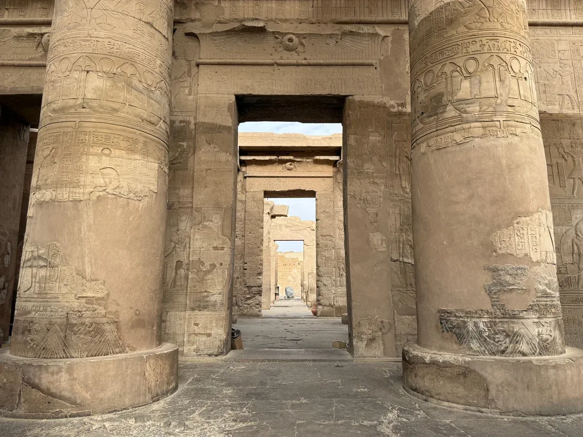 Columns and doorways inside the double temple of Kom Ombo on a Nile river cruise